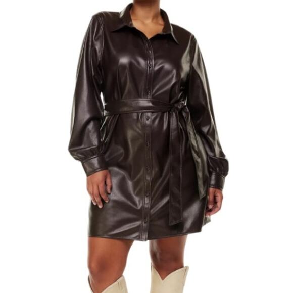 Aritzia Wilfred Caroline Belted Vegan Leather Shirt Dress Rich Mocha Brown M
